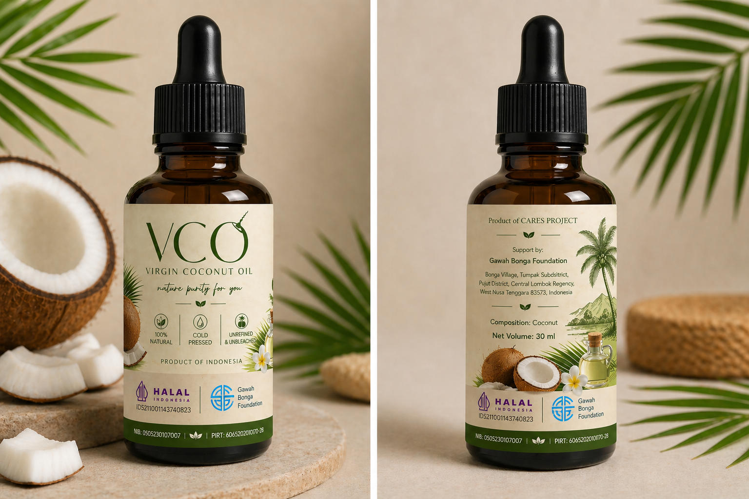 Premium Virgin Coconut Oil harvested from community agroforestry in Desa Tumpak, Lombok